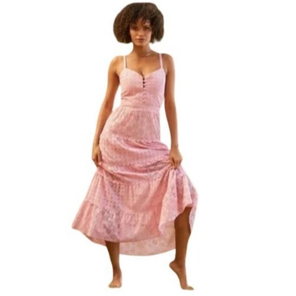 NWOT Boston Proper Pink Eyelet Lace Tiered Bohemian Maxi Dress Size 8